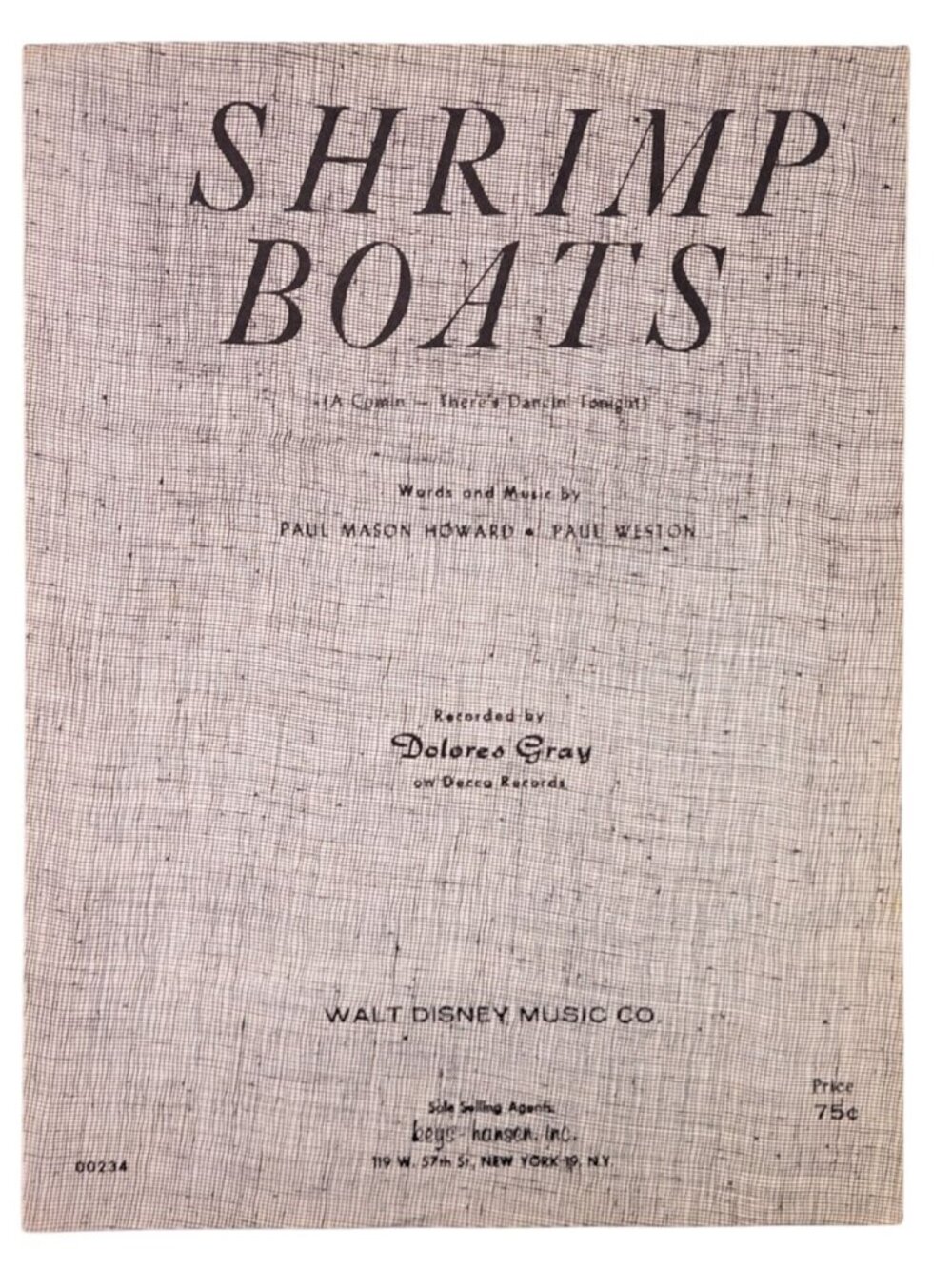 Vintage Shrimp Boats Sheet Music Walt Disney Music Co. 1951 Dolores Gray Howard